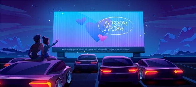 Couple at car cinema, dating in drive-in theater