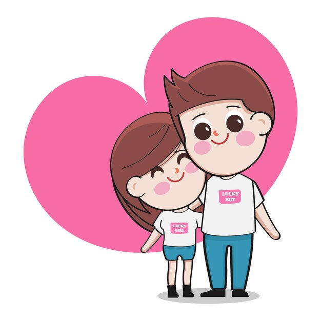 Couple character cartoon bride and groom on pre wedding background of pink hearts