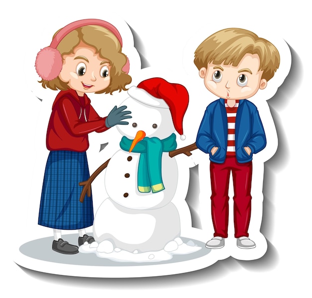눈사람 만화 캐릭터를 구축하는 커플 어린이 스티커