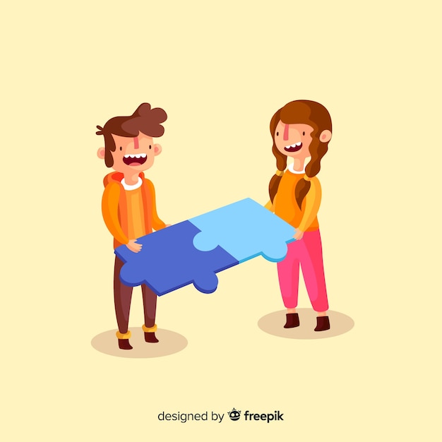 Free vector couple connecting puzzle pieces colorful background