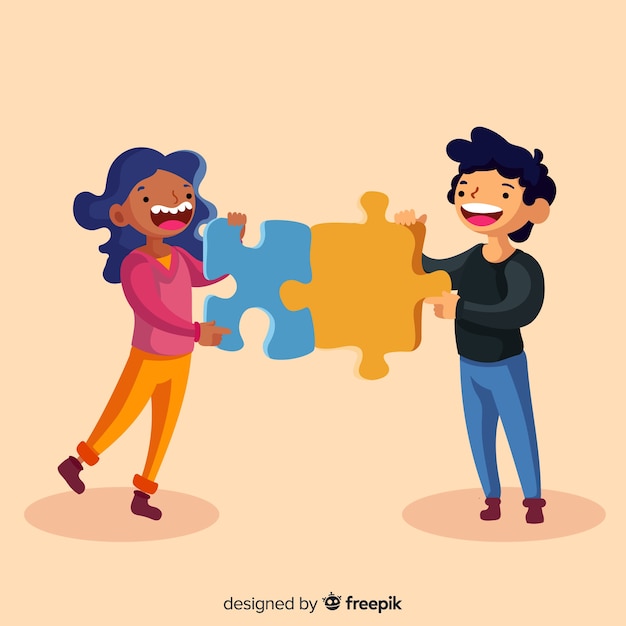 Couple connecting puzzle pieces colorful background