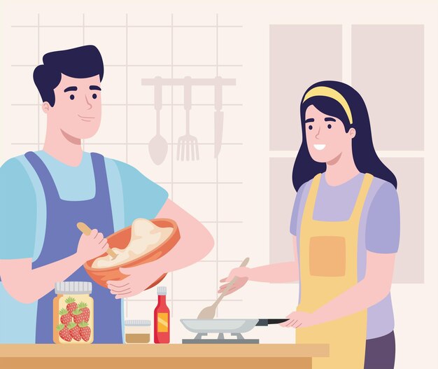 キッチンのキャラクターで料理をするカップル