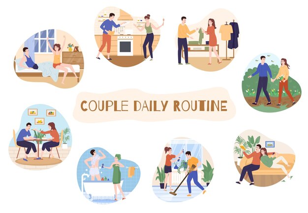 Couple daily life routine flat set with isolated round compositions of loving couple in various sceneries vector illustration