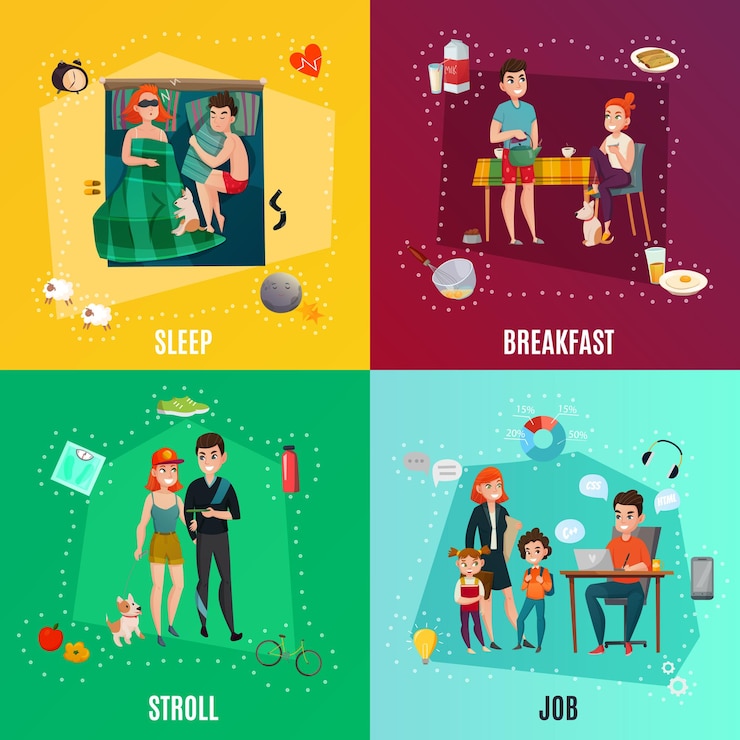 Free Vector couple in daily routine including sleep, breakfast, stroll, job, infographic elements isolated