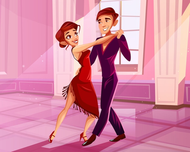 볼룸에서 춤 커플 탱고 댄서의 그림입니다. 빨간 드레스에 남자와 여자