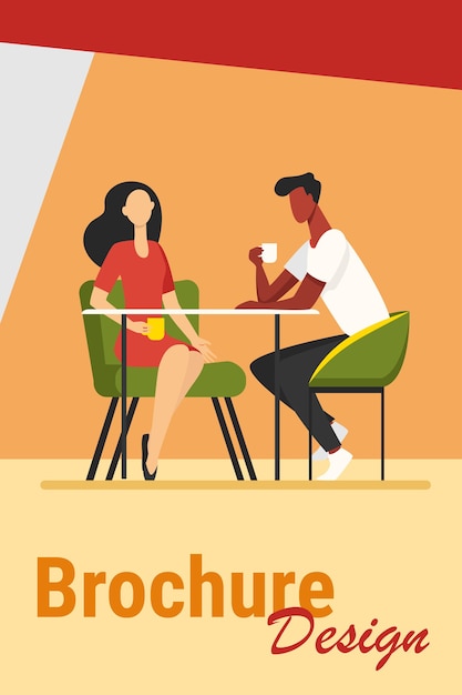 Free vector couple dating in coffee shop. young man and woman drinking coffee together flat vector illustration. romantic meeting, romance concept for banner, website design or landing web page
