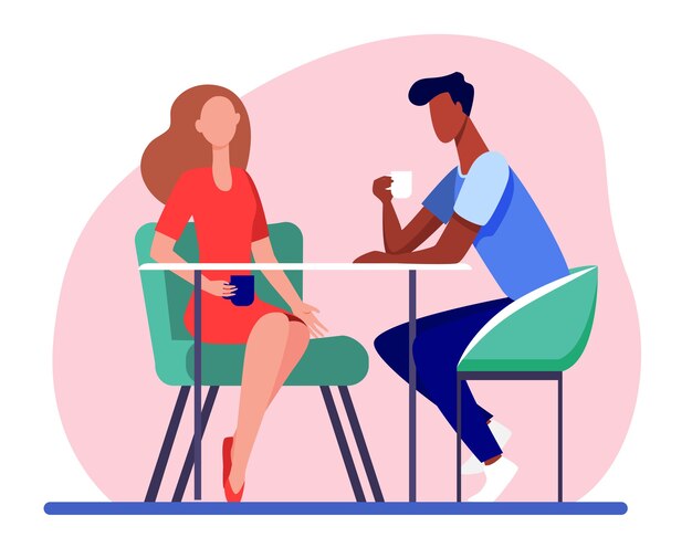 Couple dating in coffee shop. Young man and woman drinking coffee together flat vector illustration. Romantic meeting, romance