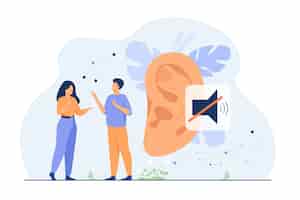 Free vector couple of deaf people talking with hand gestures, huge ear and mute sign in background. vector illustration for hearing loss, communication, sign language concept