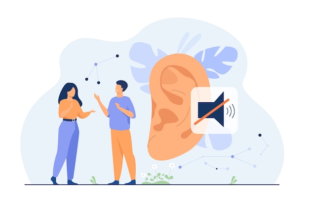 Couple of deaf people talking with hand gestures, huge ear and mute sign in background. Vector illustration for hearing loss, communication, sign language concept