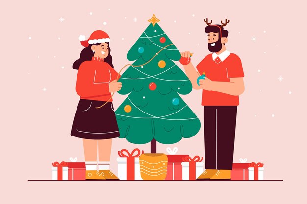 Free vector couple decorating the christmas tree together illustrated