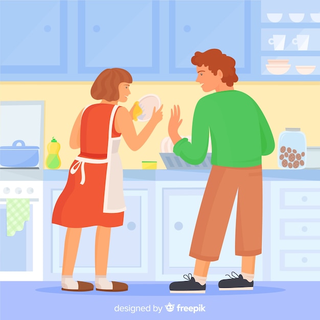 Бесплатное векторное изображение Пара делает работу по дому вместе