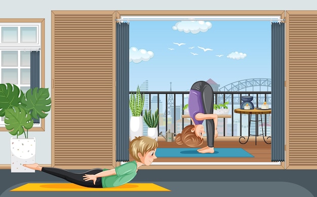 Couple doing yoga at home