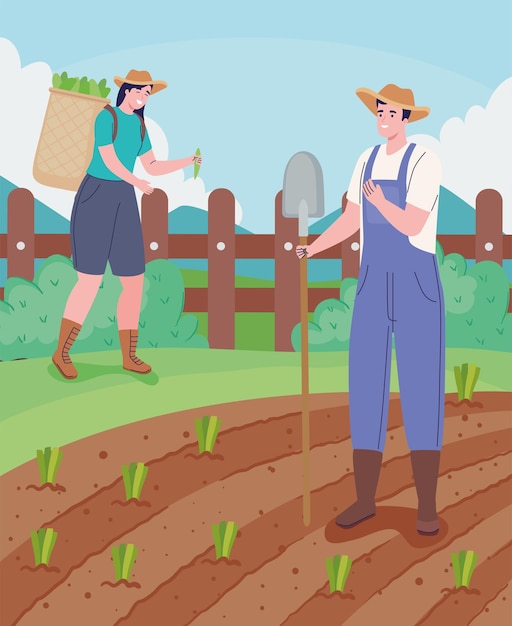 Free vector couple farmers cultivating worker characters