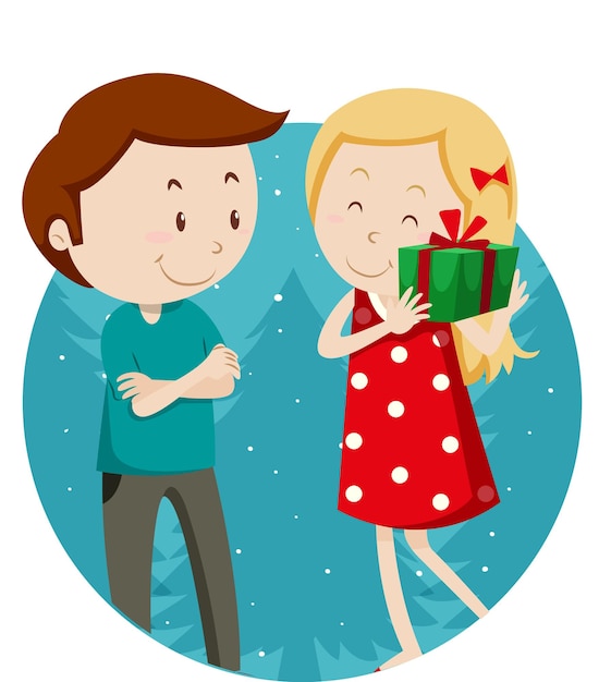 Free vector a couple give a present on white background