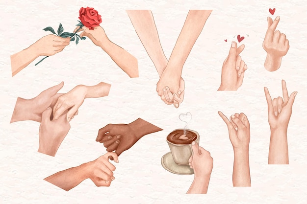 Free vector couple hand gestures valentine’s vector aesthetic design elements set