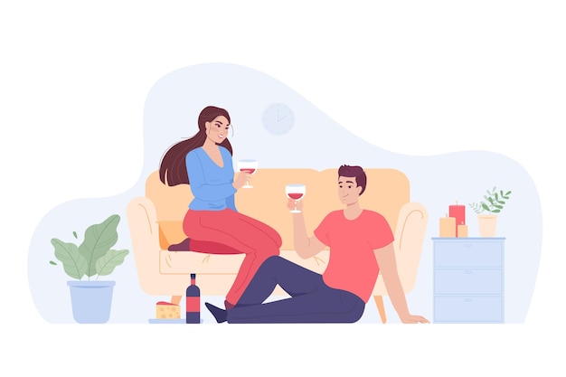 ワインやシャンパンを飲みながら家でデートをしているカップル。ソファに座っている女性と床に座っている男性フラットベクトルイラスト。愛、恋愛関係、バナーの記念日のコンセプト