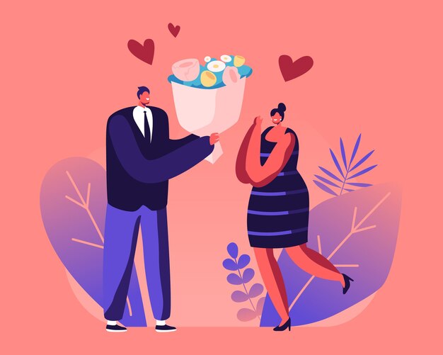 手に花のイラストの花束 プレミアムベクター