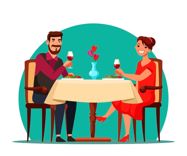 Couple having romantic dinner together Man and woman sitting at table drinking wine eating dishes at restaurant
