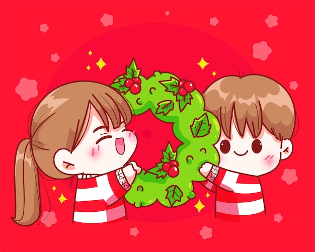 Couple holding christmas wreath together celebration on christmas holiday hand drawn cartoon art illustration