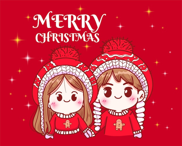 Couple holding hands on christmas holiday celebration hand drawn cartoon art illustration