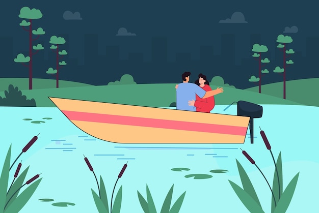 湖のモーターボートで抱き締めるカップル。湖フラットベクトルイラストへの週末旅行のボーイフレンドとガールフレンド。愛、ロマンス、関係、バナー、ウェブサイトのデザインまたはランディングページの自然の概念