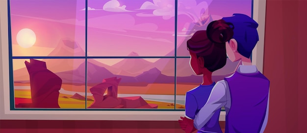 Бесплатное векторное изображение Влюбленная пара смотрит на романтический закат через окно. векторная карикатура на молодого мужчину и женщину, обнимающих любующийся вулканический пейзаж и пустынную реку муж и жена в свадебном путешествии