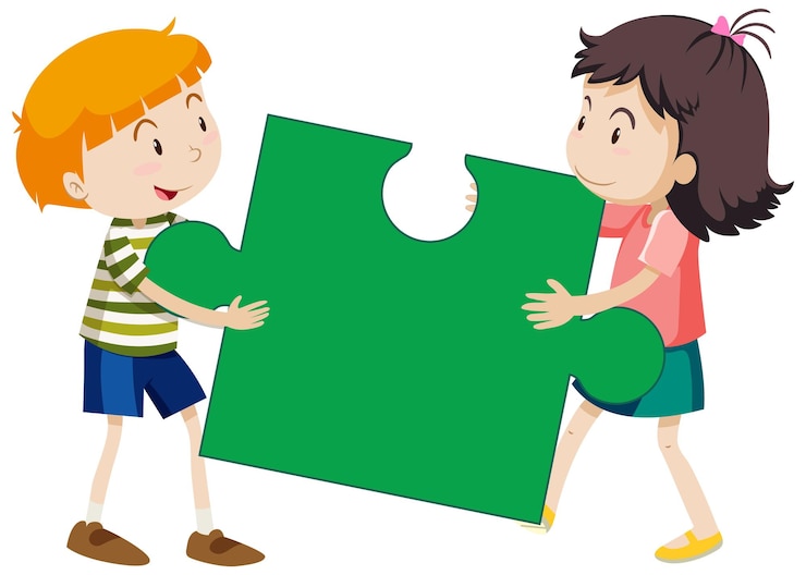Free Vector couple kids holding a piece of jigsaw