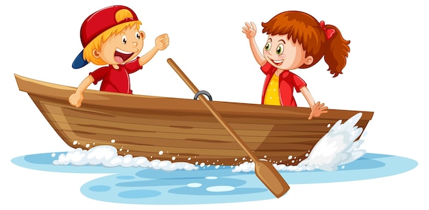 Бесплатное векторное изображение Пара детей на деревянной лодке