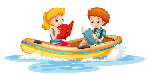 Free vector couple kids reading books on boat