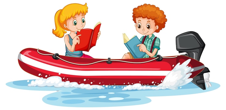 Бесплатный Вектор пара детей, читающих книги на лодке