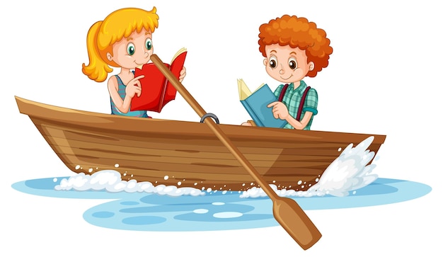 Couple kids reading books on wooden boat