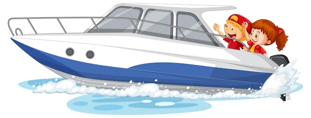 Free vector couple kids on speed boat on white background