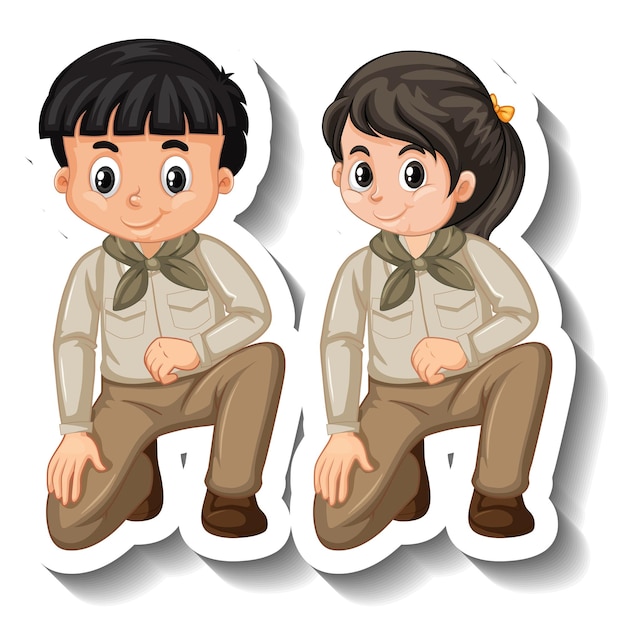 Free vector couple kids wear safari outfit cartoon character sticker