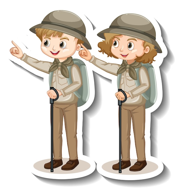 Free vector couple kids wear safari outfit cartoon character sticker