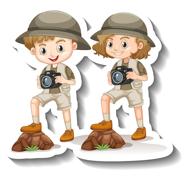 Free vector couple kids wear safari outfit cartoon character sticker