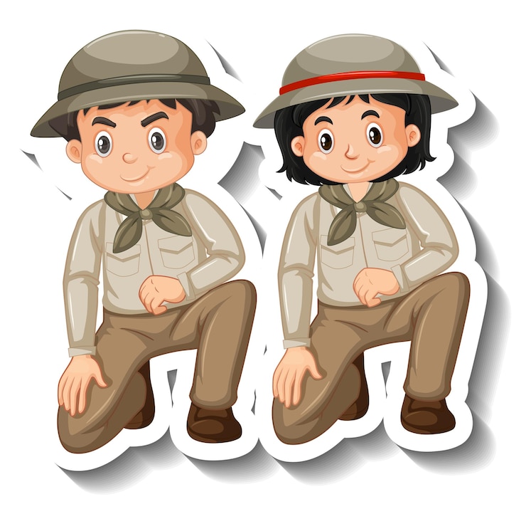 免費 Vector 一對小朋友穿著遊牧服裝,貼上卡通角色的貼紙