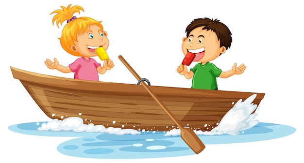 Free vector couple kids on a wooden boat