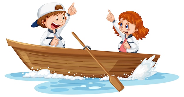 Free vector couple kids on wooden boat