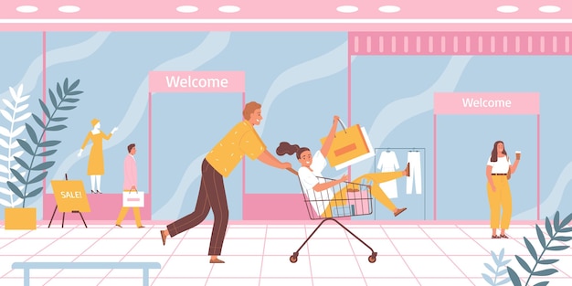 Free vector couple in love supermarket shopping composition with man pushing wheel cart with sitting woman and bags vector illustration