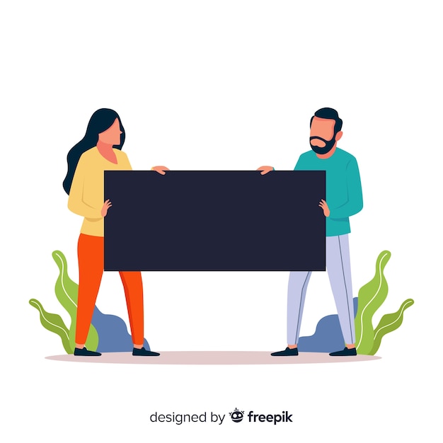 Free vector couple man and woman holding a blank rectangle