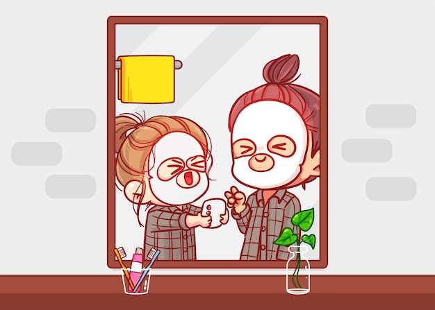 Couple mark their faces together in front of the bathroom mirror cartoon art illustration