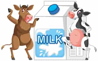 Vettore gratuito un paio di mucche da latte in piedi con una scatola del latte