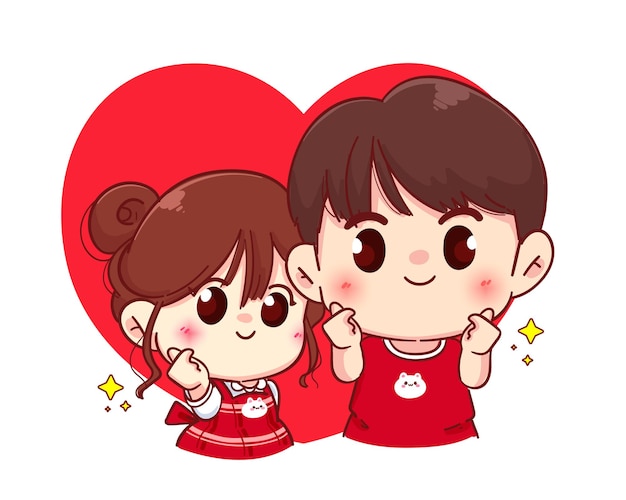 Couple mini heart hand sign, happy valentine, cartoon character illustration