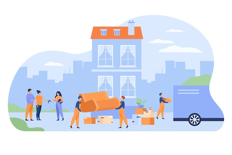 Free Vector couple moving out house and giving key to agent