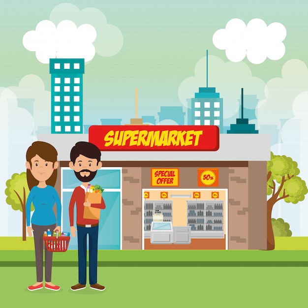 Free vector couple outside supermarket building scene