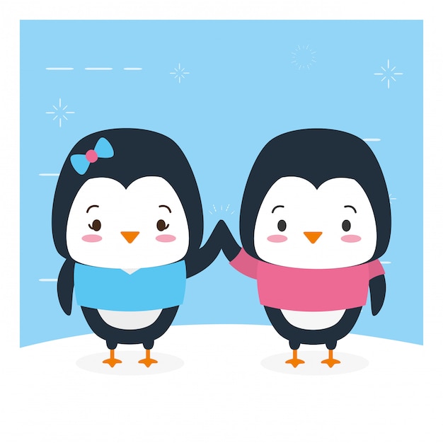 Free vector couple of penguin, cute animals, cartoon and flat style, illustration