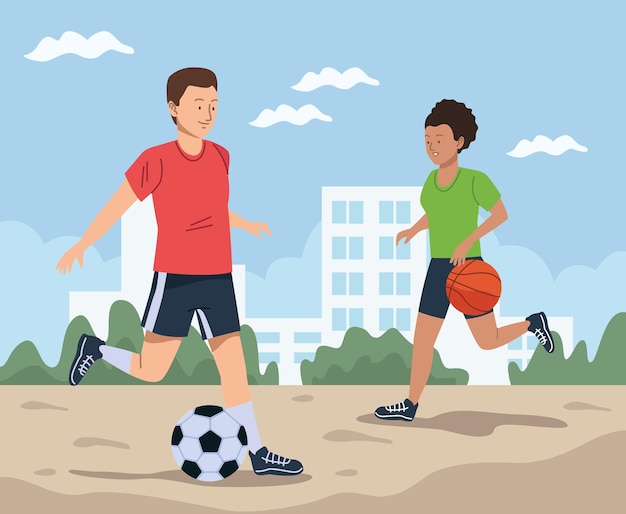 Free vector couple practicing soccer in the camp