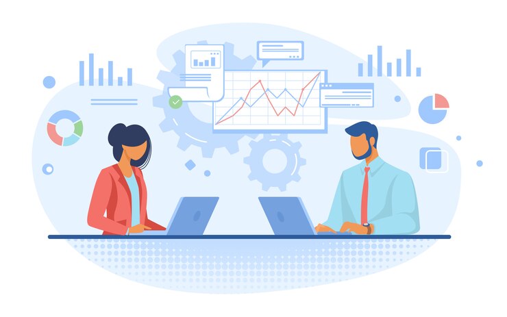 Free Vector couple of professionals analyzing graphs