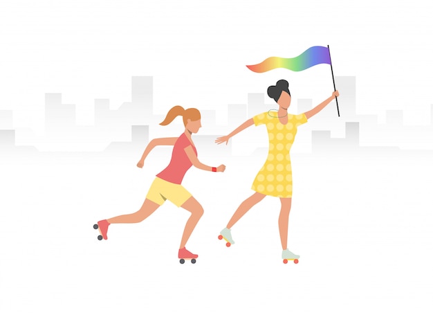 Couple of roller skaters with rainbow flag