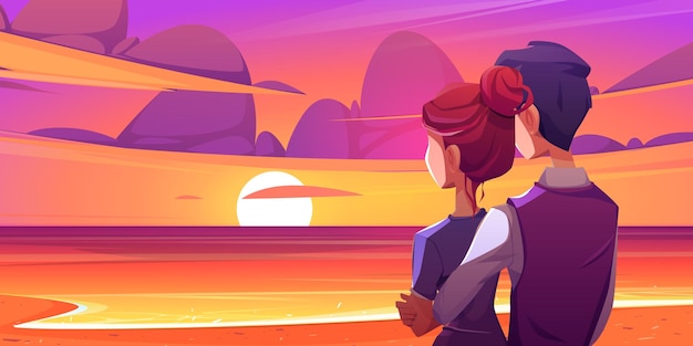 Vettore gratuito coppia all'appuntamento romantico sulla spiaggia al tramonto dei cartoni animati